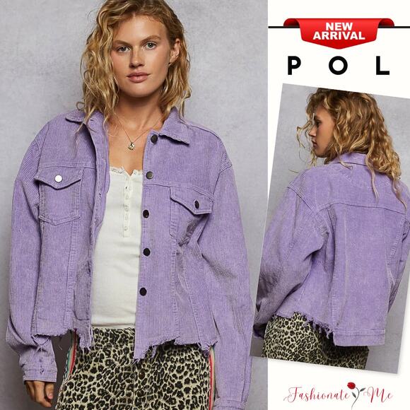 POL Button Down Raw Hem Chest Pockets Cropped Corduroy Trucker Jacket | Lavender - Picture 1 of 5